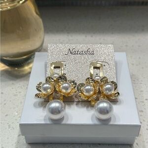Natasha Couture Gold and Pearl Drop Earrings